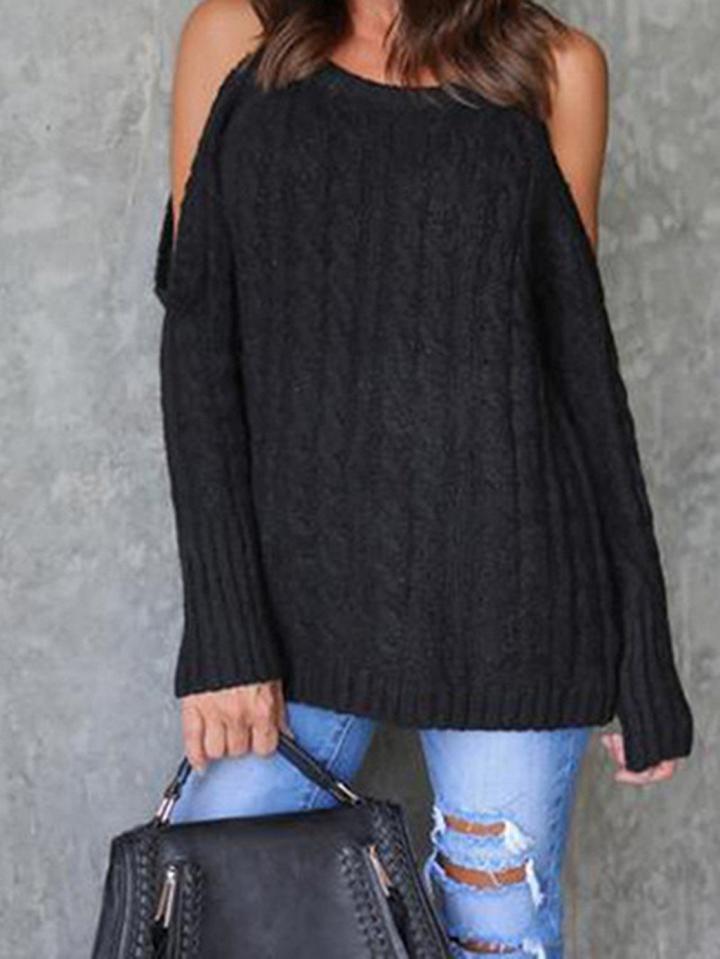 Choies Black Cold Shoulder Long Sleeve Chic Women Knit Sweater