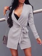 Choies Light Gray V-neck Tie Waist Long Sleeve Women Mini Dress