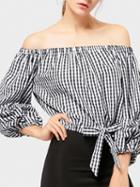 Choies Monochrome Plaid Off Shoulder Bow Tie Front Puff Sleeve Blouse