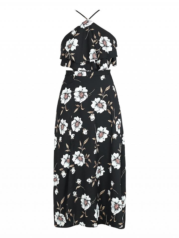 Choies Black Halter Floral Print Ruffle Split Maxi Dress