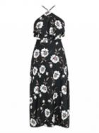 Choies Black Halter Floral Print Ruffle Split Maxi Dress