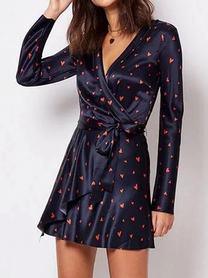 Choies Dark Blue Cotton V-neck Heart Print Long Sleeve Chic Women Mini Dress