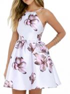 Choies White Floral Backless High Waist Skater Mini Dress