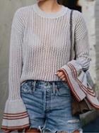 Choies Gray Stripe Panel Cut Out Detail Flare Sleeve Women Knit Sweater