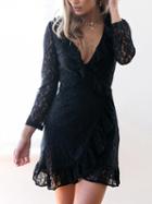 Choies Black V-neck Ruffle Trim Tie Side Wrap Lace Dress