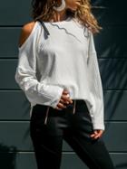 Choies White Ribbed Cold Shoulder Buckle Strap Long Sleeve Sweater