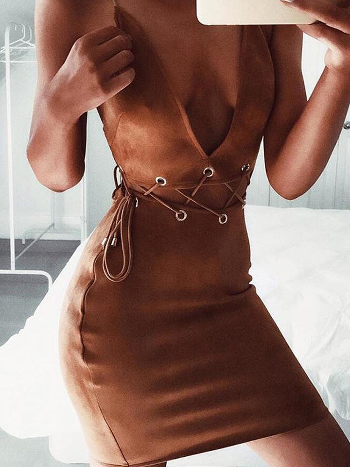 Choies Brown Faux Suede Plunge Lace Up Waist Cami Bodycon Dress