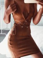Choies Brown Faux Suede Plunge Lace Up Waist Cami Bodycon Dress