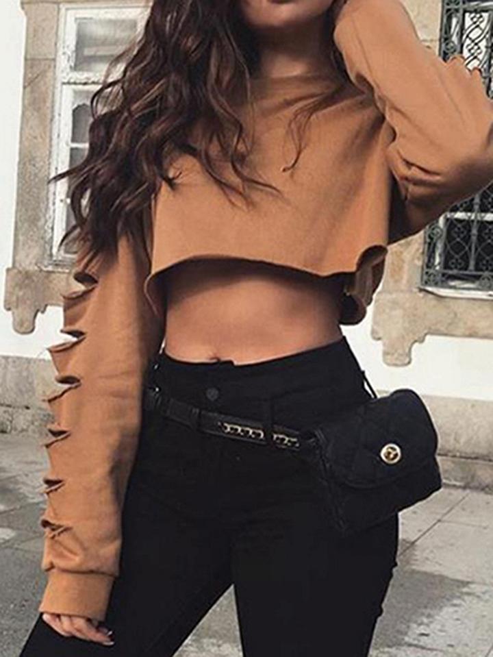 Choies Khaki Cotton Cut Out Detail Long Sleeve Chic Women Crop Sweatshirt