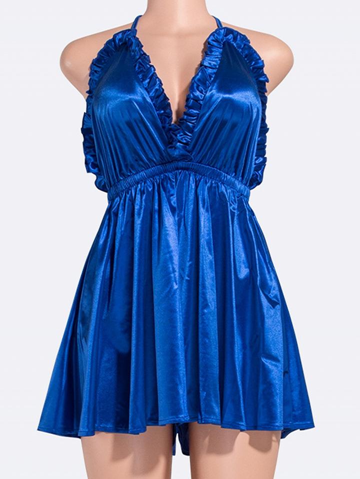Choies Blue Satin Look Halter V-neck Open Back Romper Playsuit