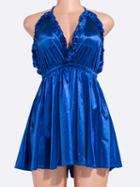 Choies Blue Satin Look Halter V-neck Open Back Romper Playsuit