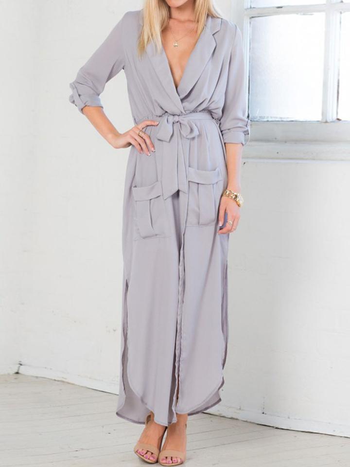 Choies Gray Bow Tie Side Split Pocket Wrap Ruched Dress
