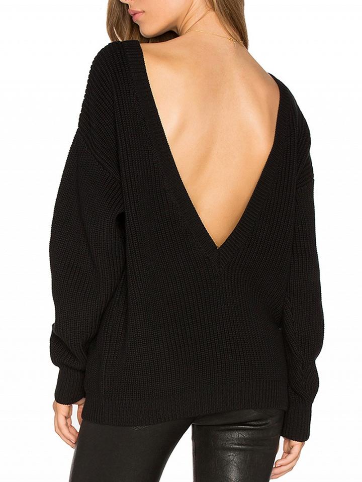 Choies Black V Back Long Sleeve Rib Knit Sweater