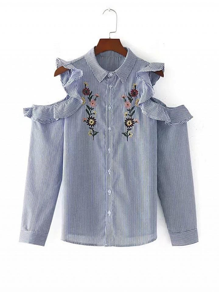 Choies Blue Stripe Embroidery Frill Cold Shoulder Long Sleeve Shirt