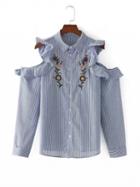 Choies Blue Stripe Embroidery Frill Cold Shoulder Long Sleeve Shirt