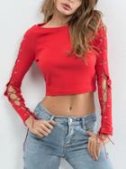 Choies Red Eyelet Lace Up Detail Long Sleeve Crop Top