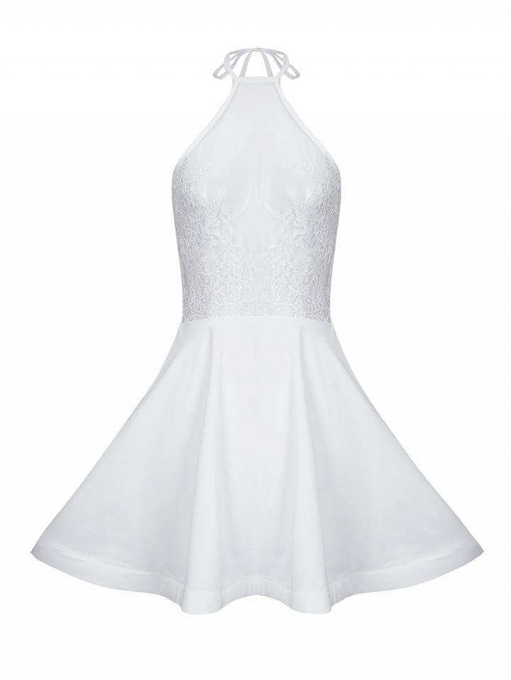 Choies White Halter Embroidery Detail Sheer Overlay Skater Dress