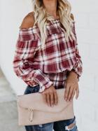 Choies Red Plaid Off Shoulder Frill Trim Long Sleeve Chic Women Blouse