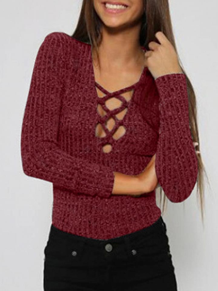 Choies Wine Red Plunge Neck Strappy Front Long Sleeve T-shirt