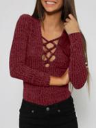 Choies Wine Red Plunge Neck Strappy Front Long Sleeve T-shirt