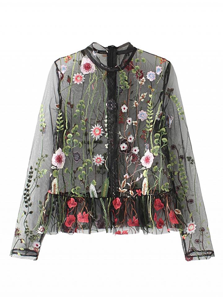 Choies Black Sheer Mesh Lace Panel Embroidery Floral Flounce Hem Blouse