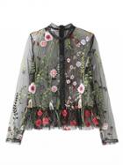 Choies Black Sheer Mesh Lace Panel Embroidery Floral Flounce Hem Blouse