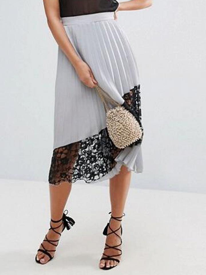 Choies Gray Lace Insert Pleated Midi Skirt