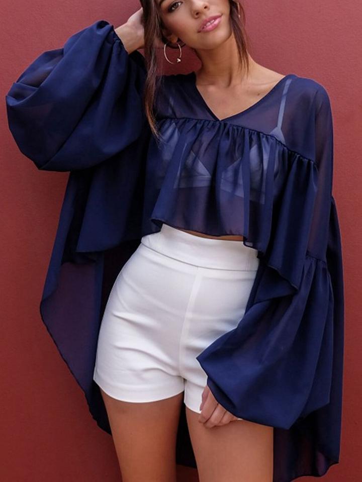 Choies Dark Blue V-neck Puff Sleeve Dipped Hem Blouse
