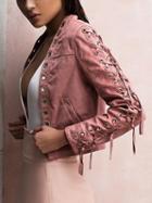 Choies Pink Faux Suede Eyelet Lace Up Sleeve Open Front Jacket