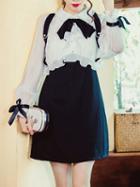 Choies Color Block Bow Tie Ruffle Front Long Sleeve Mini Dress