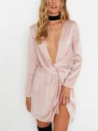 Choies Pink Plunge Knot Front Long Sleeve Mini Dress