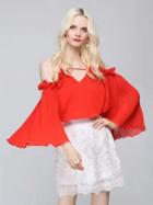 Choies Red Off Shoulder Ruffle Trim Flared Sleeve Pleated Blouse