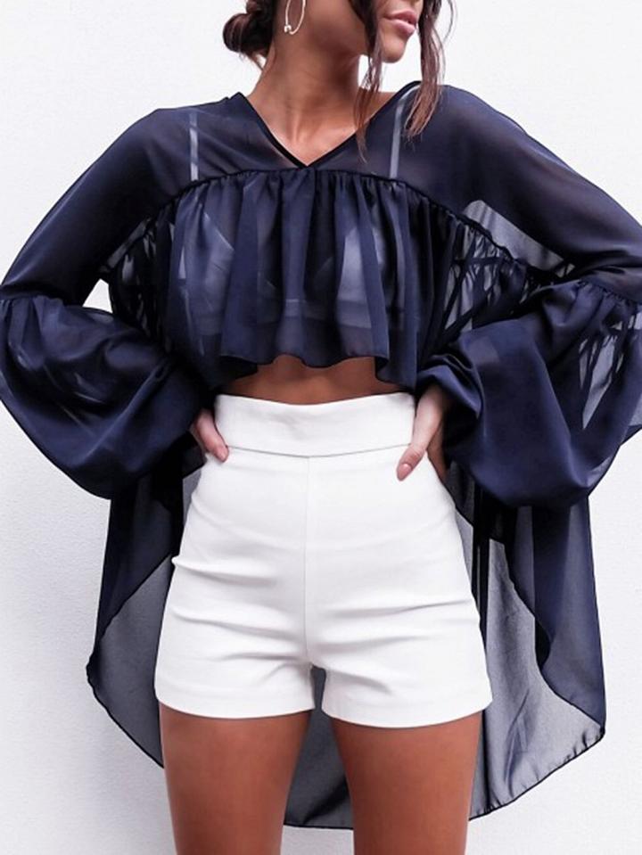 Choies Navy Blue V Neck Dip Hem Puff Sleeve Chiffon Blouse