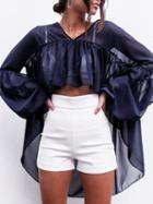 Choies Navy Blue V Neck Dip Hem Puff Sleeve Chiffon Blouse