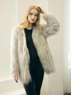 Choies Gray Collarless Longline Faux Fur Coat