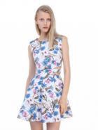 Choies White Tropical Floral Print Cut Out Waist Skater Dress