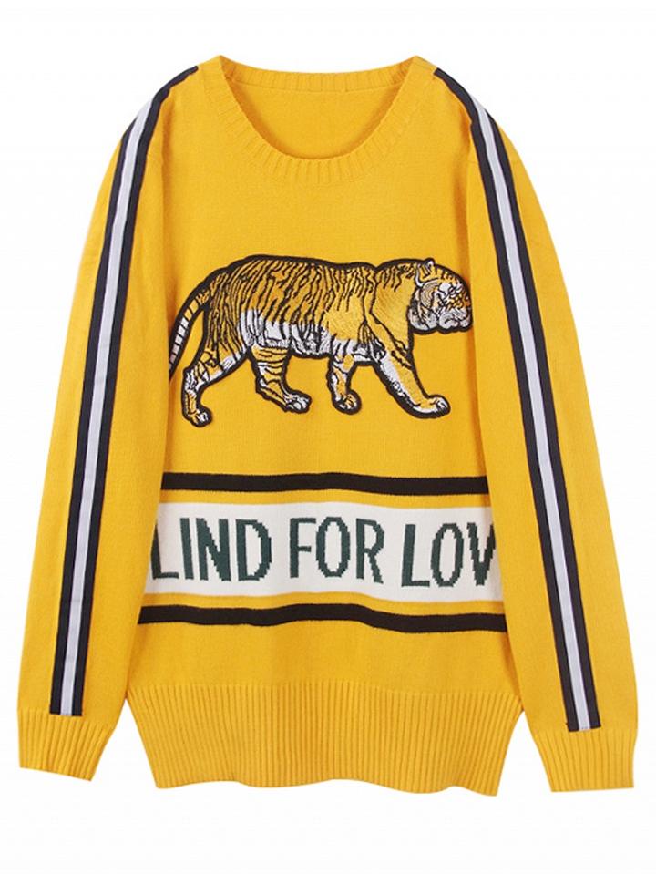 Choies Yellow Stripe Tiger Embroidery Letter Pattern Knit Sweater
