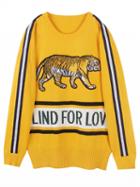 Choies Yellow Stripe Tiger Embroidery Letter Pattern Knit Sweater