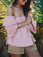 Choies Pink Stripe Off Shoulder Ruffle Trim Flare Sleeve Blouse