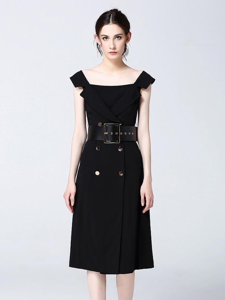 Choies Black Notch Lapel Double Breasted Belted Midi Dress