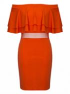 Choies Orange Off Shouler Ruffle Mesh Panel Bodycon Dress
