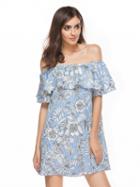 Choies Blue Floral Off Shoulder Ruffle Detail Mini Dress