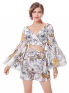 Choies Polychrome Floral V-neck Flared Sleeve Wrap Crop Top And Bottom