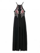 Choies Black Floral Embroidery Cross Back Split Maxi Dress