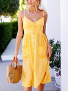 Choies Yellow Cotton Blend Button Placket Front Chic Women Cami Midi Dress