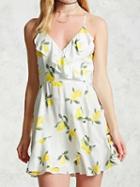 Choies White Lemon Print Ruffle Lace Up Back Cami Skater Dress