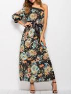 Choies Black Asymmetric Floral Print Tie Waist Long Sleeve Maxi Dress