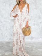 Choies White Cold Shoulder Plunge Tie Back Floral Print Maxi Dress