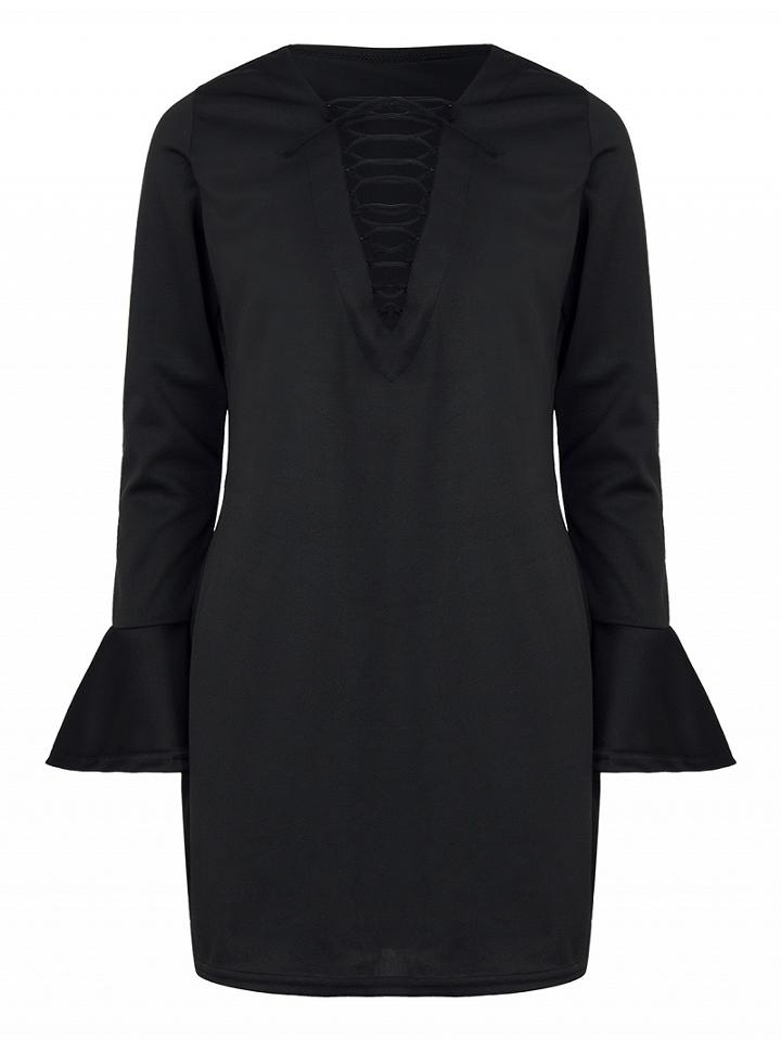 Choies Black Lace Up Front Flared Sleeve Mini Dress