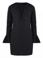 Choies Black Lace Up Front Flared Sleeve Mini Dress